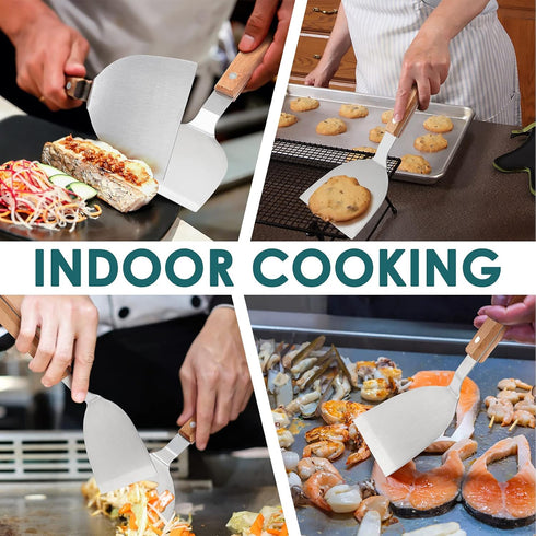 Metal Spatulas, HaSteeL Stainless Steel Griddle Spatula Turners with Wooden Handles, Professional Griddle Tools for Flat Top Teppanyaki Skillet Ca...