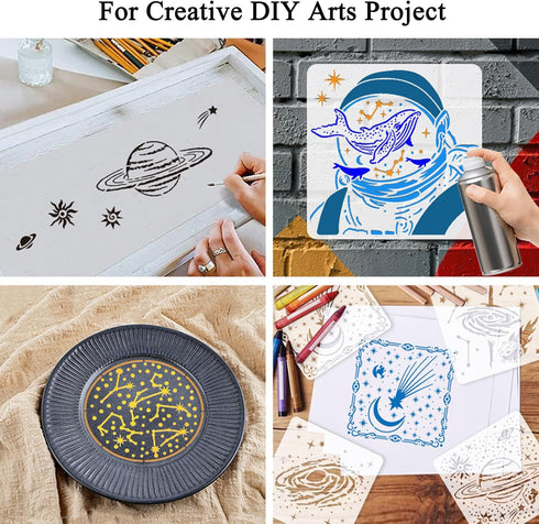 Sun Moon Stars Stencils Set (16 Designs, 6x6 in) | 16pcs Reusable Outer Space Stencils | Astronaut Universe Galaxy Planets Theme Drawing Templates...