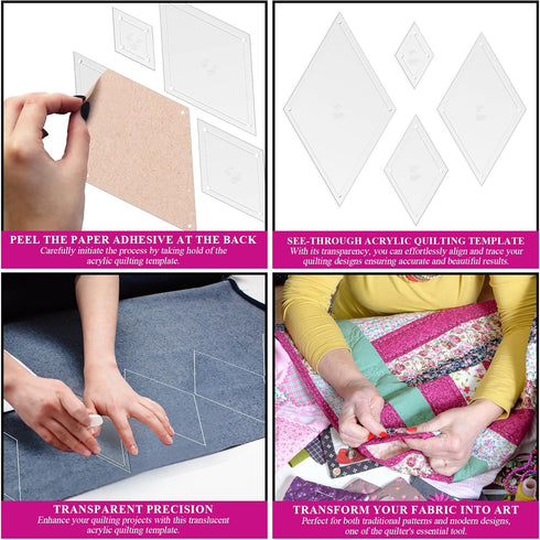 Diamond Quilting Acrylic Templates 4", 3", 2", 1" 60 Degree 1/4" Seam Allowance, 1/8" Acrylic...
