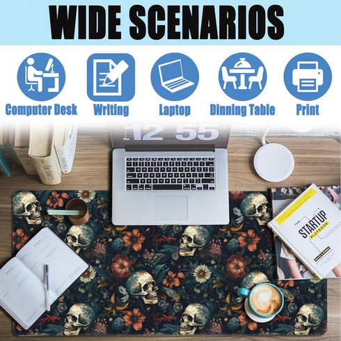 Desk Mat,Skulls with Flowers Large Gaming Mouse Pad for Desk XXL,Skull Floral Desk Pad for Desktop,Extended Big Computer Keyboard Mouse Pad with N...