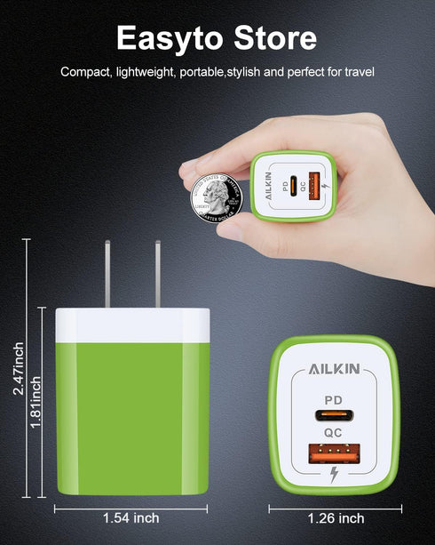 3Pieces C Charger Block, AILKIN 20W PD + QC3.0 USB-C Wall Charger Dual Port Box Cube for iPhone, Samsung Galaxy, Motorola, LG, Google Pixel, Super...