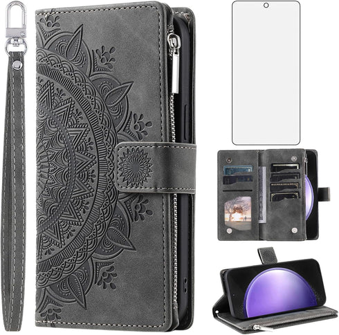 Phone Case for Samsung Galaxy S23 FE 5G Wallet Cover With Tempered Glass Screen Protector and Wrist Strap Mandala Flower Flip Zipper Credit Card H...