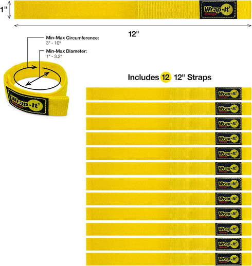 Quick-Straps by Wrap-It Storage - 12" (12 Pack) Yellow - Extension Cord Holder for RV and Boat Organizing...