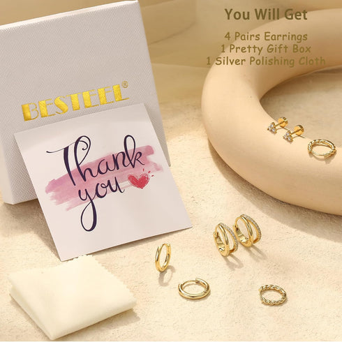 BESTEEL 4 Pairs Gold Silver Hoop Earrings Set for Women Small 14K Gold Filled Dainty Cartilage Huggie Earring Set for Multiple Piercing Hypoallerg...