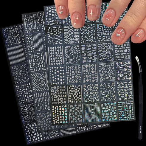90 Sheets Silver Nail Art Stickers Holographic Laser Silver Nail Decals 3D Self Adhesive Nail Stickers for Nail Art Designs Star Line Flower Nail ...
