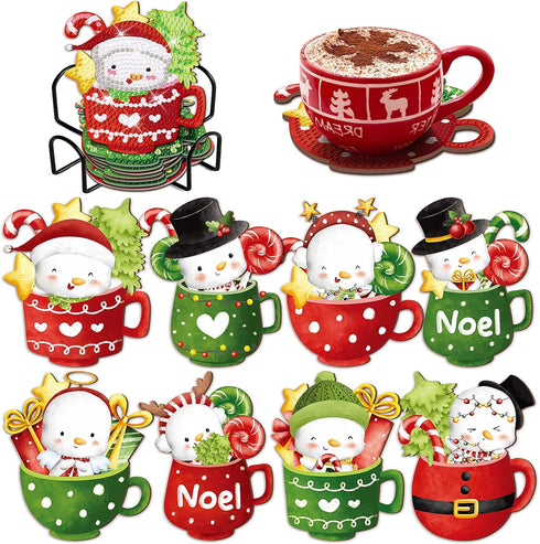8 PCS Christmas Diamond Art Coasters Christmas Hot Cocoa Diamond Art Coasters Kits with Holder Santa Claus Snowman DIY Coasters for Beginners, Adu...