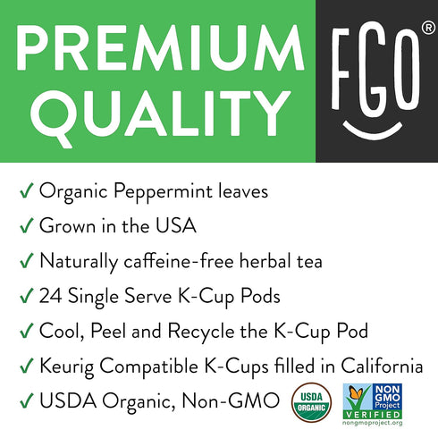 FGO Organic Peppermint Tea K-Cup Pods for Keurig, 24 Count (Pack of 1), Naturally Caffeine-Free Herbal Tea, USDA Organic, Non-GMO, & Recyclable...