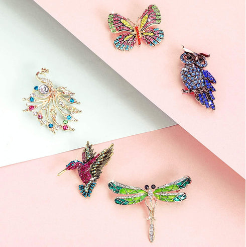 Hicarer 9 Pieces Women Brooches Pins Bulk Set Rhinestone Animal Insect Crystal Pins Butterfly Dragonfly Hummingbird Owl Peacock Brooch Pin for Wom...