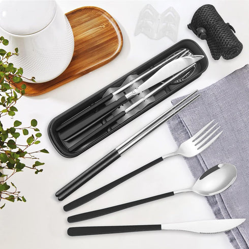Reusable Utensils with Case, Travel Silverware Set with Case, 18/8 Stainless Steel Flatware Set Include Knife Forks Spoons Chopsticks Portable Cut...