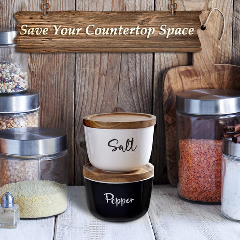 Salt and Pepper Bowls, 10 oz Salt Cellar with Lid, Stacked Ceramic Salt Pepper Container with Acacia Wood Lid, Salt Box for Countertop, Black and ...