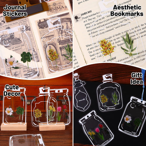 346Pcs Transparent Flower Scrapbook Stickers, Glassware Bottle Shape Bookmarks Set Include Colorful Tassels and Tweezer Hole Punch, Beautiful Flor...