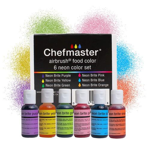 Chefmaster - Neon Airbrush Kit - Airbrush Food Coloring - 6 Pack - Highly-Pigmented, Vibrant Colors, Works With Any Airbrush Tool, Fade-Resistant ...