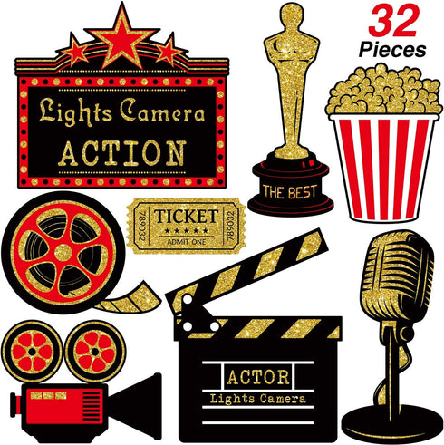 Hicarer 32 Pieces Movie Party Decorations Red Carpet Cutouts Cards Table Toppers Movie Theme Decor Double Sided Printing Golden Black Red for Nigh...