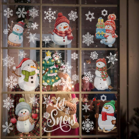 9 Sheet Christmas Window Clings Snowman Window Decals Christmas Snowflake Stickers Let it Snow Winter Window Glass Decor for Kids Christmas Holida...