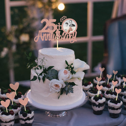 Sumerk 25th Anniversary Cake Topper,13PCS Rose Gold Glitter Cake Toppers Cake Decorations Set for 25th Wedding Anniversary Celebration Party...