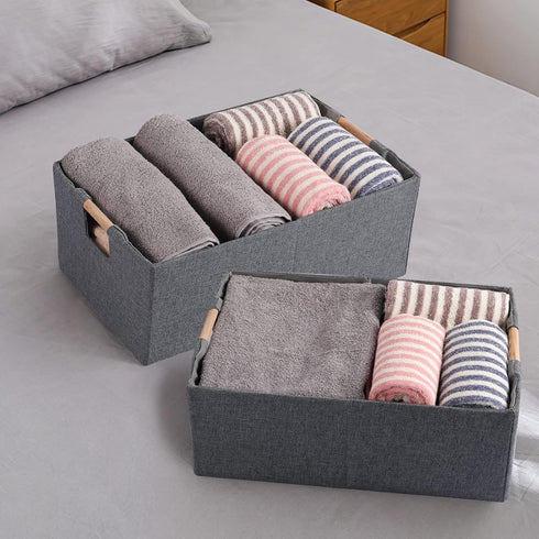 Fabric Storage Bin Box Foldable Cotton Linen Storage Basket with Wooden Handles Rectangular Cube Decorative Home Laundry Organizer Clothes Blanket...