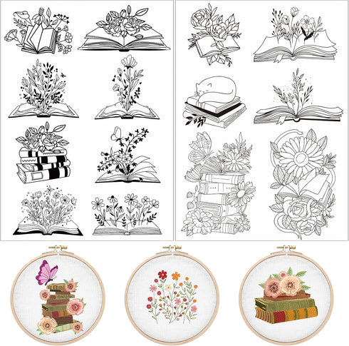 Water Soluble Embroidery Patterns Stabilizers - Rngmsi 2 Sheets Book Lover Stick and Stitch Embroidery Paper Wash Away 14 Pcs Cat Flower Embroider...