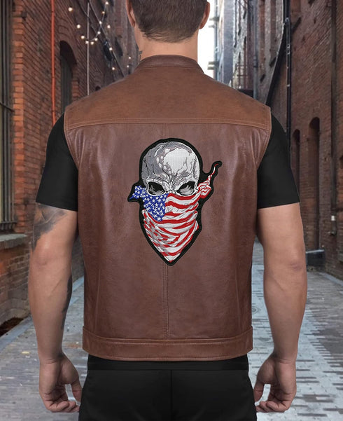Ruthless Halfskull Patch 11.5" | Skeleton Embroidered American Flag Bandana Skull Patriotic Biker Emblem | Large Iron On - by Nixon Thread Co....
