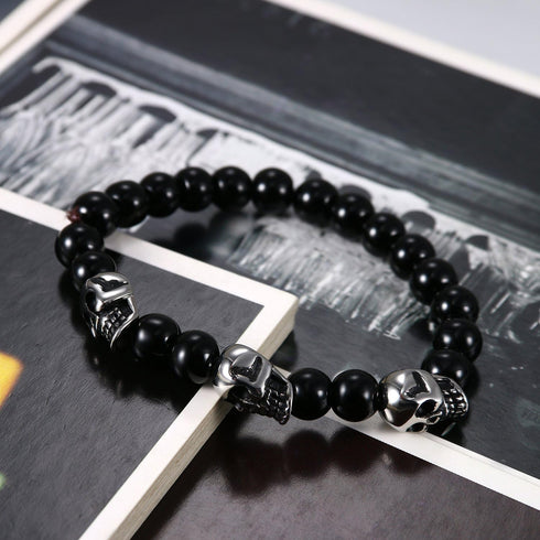 Flongo Men's Biker Stainless Steel Skull Skeleton 8MM Black Bead Stone Bracelet...