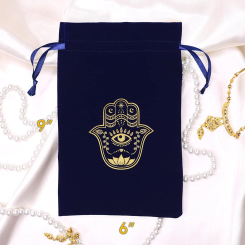 ARTSY CRAFTS 6x9" Hamsa Hand Velvet Jewelry Pouch Gift Bags, Fatima Hand Evil Eye Velvet Drawstring Oracle Tarot Card Rune bags Dice Bag (Royal Bl...