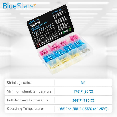 BlueStars 200 PCS Heat Shrink Butt Wire Connectors, Marine Grade Waterproof Electrical Connector Kit, Tinned Copper Terminal Insulated Electrical ...
