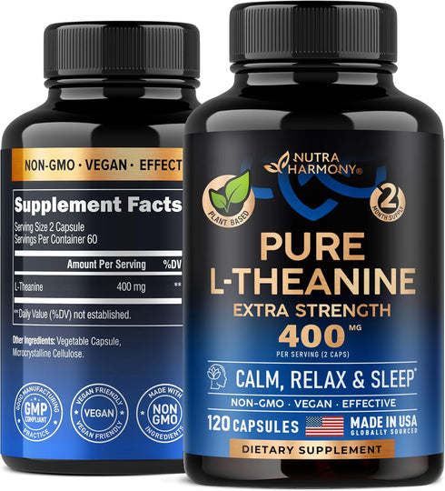 L Theanine 400 mg | L-Theanine Stress Relief | Extra Strength Supplement | Made in USA | Relaxation, Sleep & Calm Support | For Men & Women | Plan...