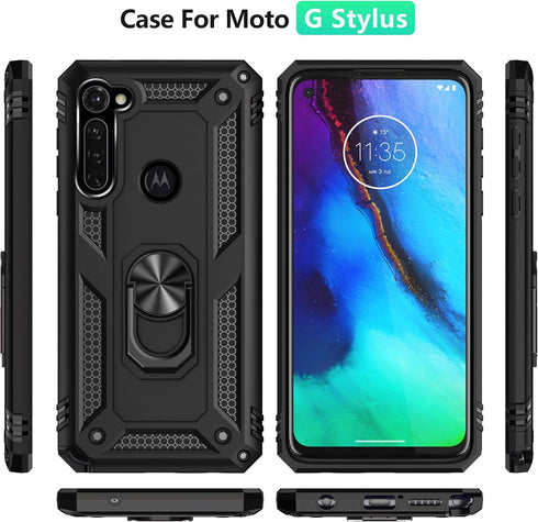 Androgate Moto G Stylus/Pro Case with Tempered Glass Screen Protectors, Ring Kickstand Car Mount, Shockproof Cover, Black...