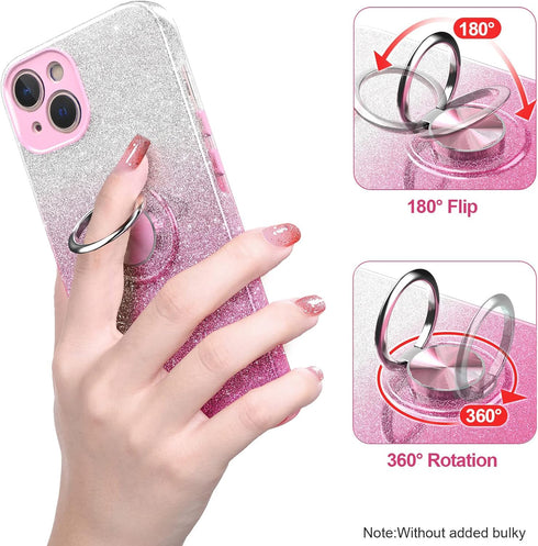 for iPhone 13 Case,Slim Glitter Sparkly Case with 360°Ring Holder Kickstand Magnetic Car Mount Shock-Absorbent Protective Sturdy Cover for iPhone ...