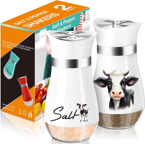 Cow Salt and Pepper Shakers Set,4 oz Glass Bottom Salt Pepper Shaker with Stainless Steel Lid Animal Decorations Country Kitchen Decor Farmhouse G...
