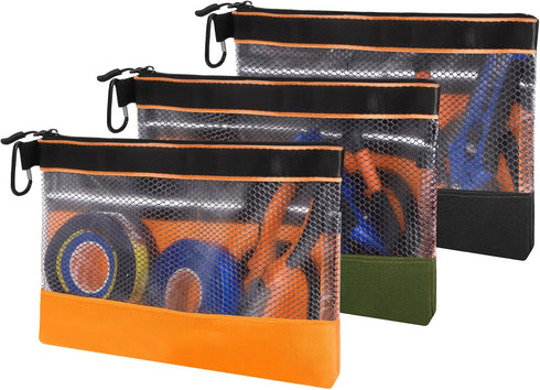 BESARME 3 Pcs 11.8" Clear Tool Pouch with Zipper Heavy-Duty Small Tool Bag Waterproof Zipper Tool Pouch with Mesh Window Electrician Tool Pouch fo...