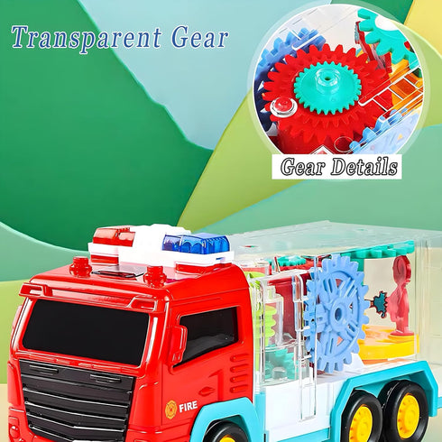 Light Up Sensory Car Toy for Kids,Transparent Gear Fire Truck Toy with Colorful Moving Gears Music and Lights Effects,Educational Tummy Time Toys ...