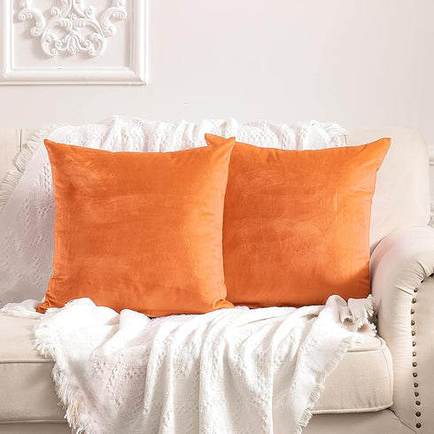 FY FIBER HOUSE Pack of 2 Velvet Throw Pillow Covers Decorative Square Pillowcase Soft Solid Cushion Case for Sofa/Couch Use, 16 x 16 Inch Orange...