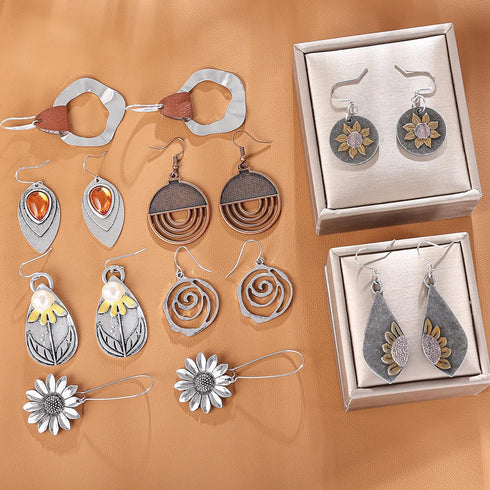 12 Pairs Boho Vintage Geometric Round Earrings Wooden Leather Earrings Ethnic Style Vintage Sunflower Earrings Christmas Earrings for Women...