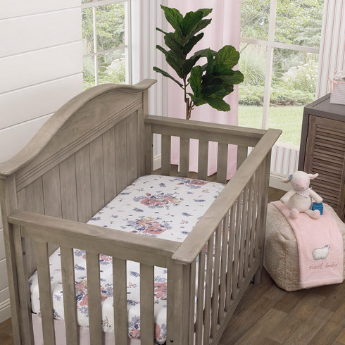 NoJo Farmhouse Chic Tossed Floral White, Pink, and Periwinkle 100% Cotton Fitted Crib Sheet...