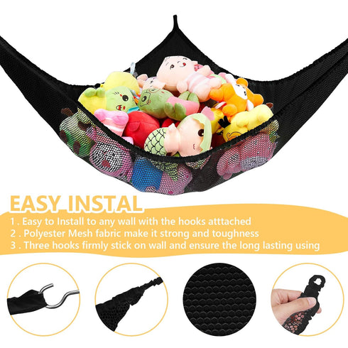 Jumbo Toy Net Hammock for Stuffed Animals KoHuiJoo Wall Sling Corner Extra Large Kids Children Mesh Toy Net Organizer (Black 2 Pack, 70 inch)...