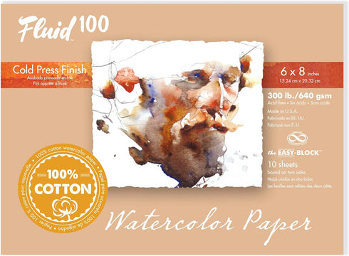 Fluid 100 Watercolor Block, 6 x 8 inches, 10 Sheets, 300 lb (640 GSM) 100% Cotton Cold Press Pad for Artist Painting and Wet Media...