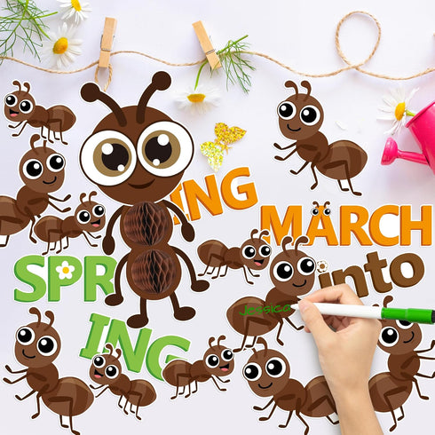77Pcs Marching Into Spring Bulletin Board Set, Spring Insect Ant Honeycomb Cutouts Classroom Decorations, Hello Spring March Chalkboard Wall Decor...