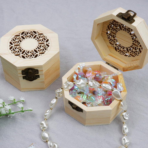 MY MIRONEY 3.7" x 2.4" Unfinished Wooden Box with Hollow Carved Pattern Lid Octagon Unpainted Wood Box Jewelry Box DIY Storage Case with Hinged Li...