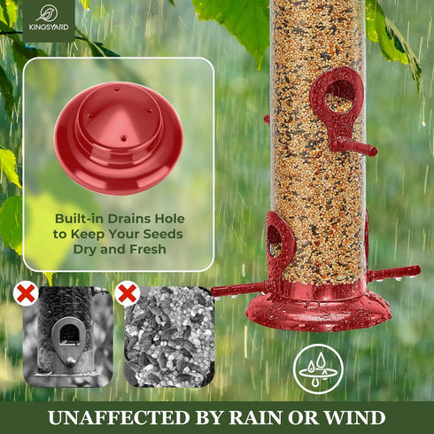 Kingsyard Metal Bird Feeders for Outdoors Hanging, Extra Thick Tube Bird Feeder w/Steel Hanger & 4-Port, 15 inch, Chew-Proof, Weather and Water Re...