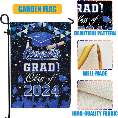 PAMBO Graduation Garden Flag Class of 2024, Blue Congrats Grade Flag for Outside Hanging Decors 12x18 Inch Burlap...