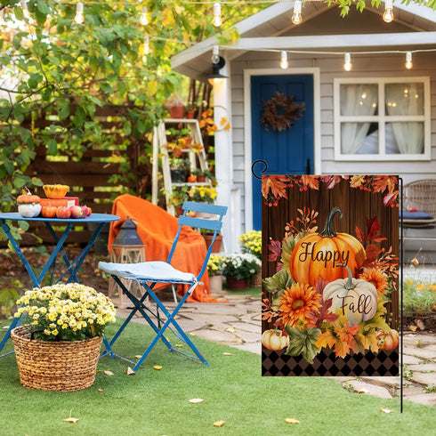 Happy Fall Garden Flag Burlap Vertical Double Sided Fall Pumpkin Maple Leaves Small Yard Flag, Thanksgiving Autumn Harvest Holiday Outdoor Decorat...