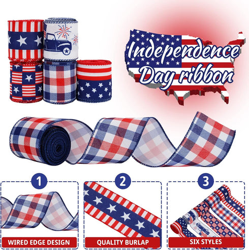30 Yards Patriotic Wired Edge Ribbon American Flag Stars Stripes Truck Craft Ribbon 4th of July Fabric Ribbon for Independence Day Memorial Day Wr...