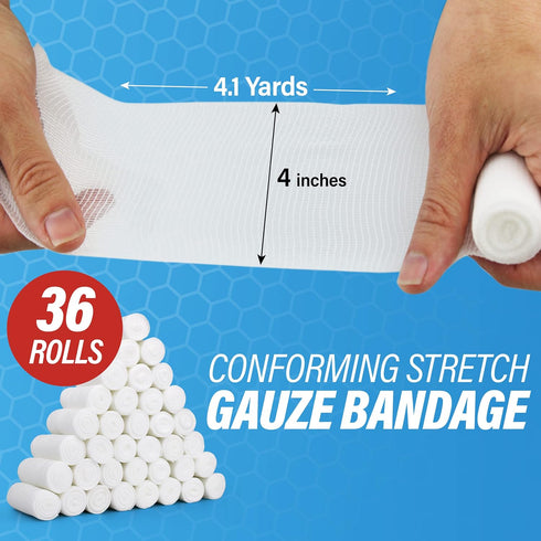 Gauze Bandages – 36 Rolls - Premium First Aid Supplies for Safe Adventuring – Flexible, Stretchable, and Breathable Gauze Rolls – 4” x 4.1 Yards B...