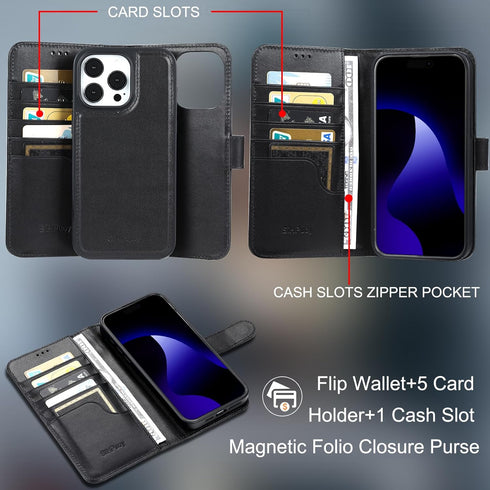 Genuine Leather for Apple iPhone 15 Pro Wallet Case with Card Holder Kickstand, Phone Accessories for Woman Men, 2 pcs Screen Protector 2 pcs Came...