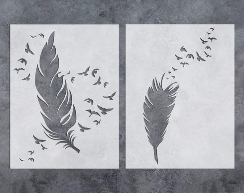 GSS Designs Feathers Wall Art Stencil Pack of 2 - Reusable Stencils(12x16inch) - Feather Birds Painting Template for Floor, Wall, Tile, Fabric, Wo...