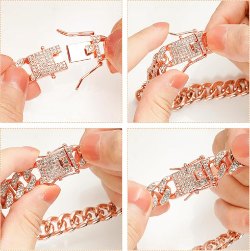Lystaii Dog Chain Cuban Diamond Link Rose Gold Pink Crystal Collar Jewelry Accessories Pet Necklace with Walking Metal Collar Design Secure Buckle...
