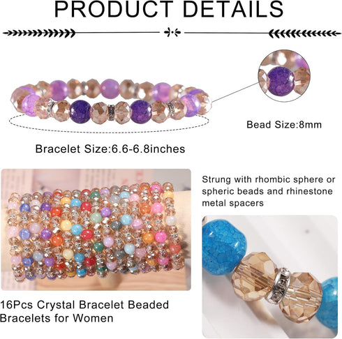 PIPITREE 16PCS Crystal Bracelet Beaded Bracelets for Women, Colorful Stackable Stretch Beads Bracelets Healing Crystals Rhinestone Spacers Anxiety...