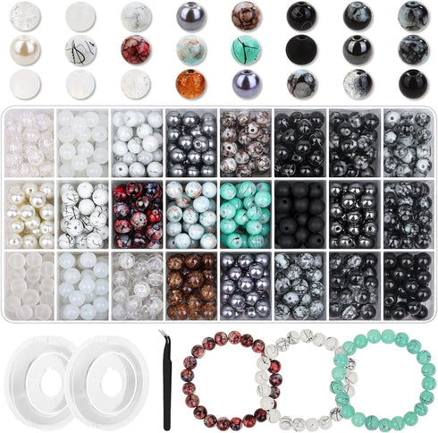 840pcs 8mm Glass Beads for Jewelry Making, 24 Colors Glass Beads for Bracelet Making, Marble Round Loose Beads for Men Women Bracelet Earring Neck...
