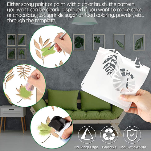 12 Pieces Tropical Fern Leaf Painting Stencils Large Reusable Palm Turtle Leaf Wall Stencil Flexible Botanical Leaves Template Set Crafts for Furn...