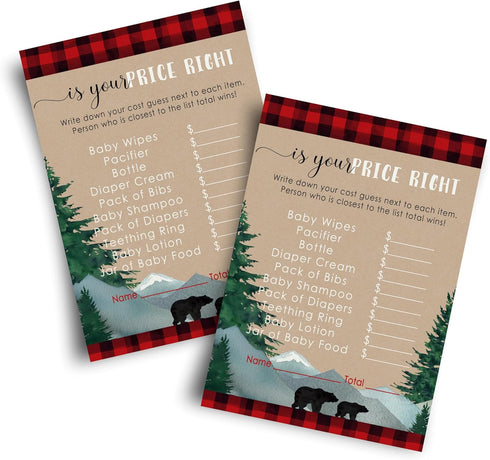 Mama Bear Baby Shower Games for Boys - Guess The Price is Right - 25 Cards - Fun Activities for Guests with Prizes - Lumberjack Theme in Red and B...
